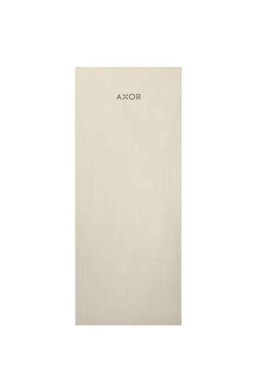 Platte in gebürstetem Nickel-Finish mit AXOR-Logo, schlichte und glatte Oberfläche, geeignet für Wellness- und Badezimmeranwendungen.